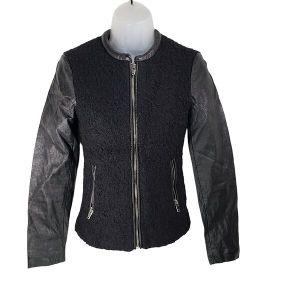 H&M sz 2 Womens Moto Jacket 2Wool Faux Leather Black Full Zip Up Zip Pockets - Picture 1 of 12